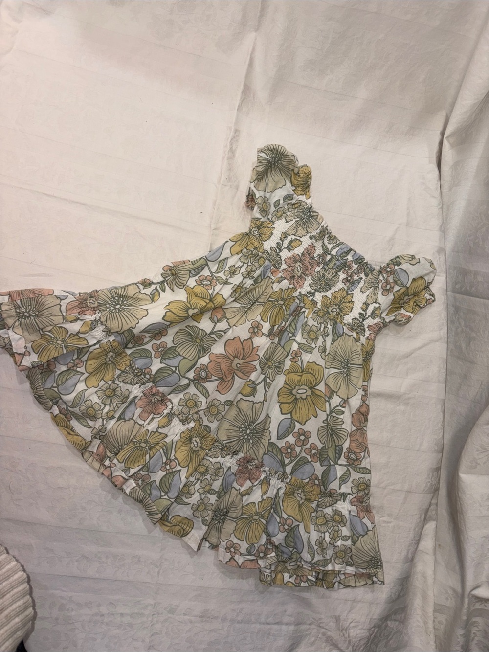 Sigrid Olsen White Floral Smocked Dress with Yellow, Pink & Blue Flowers